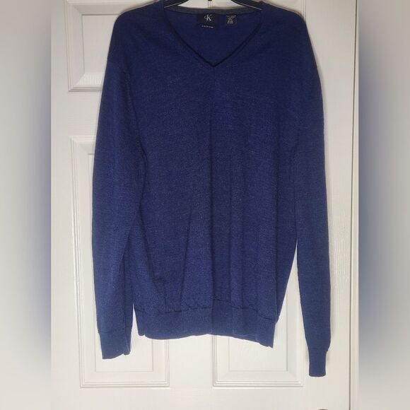 Calvin Klein XXL Navy Blue Lngslvs Knit V-neck 100% MERINO WOOL Men's Sweater - Picture 1 of 9
